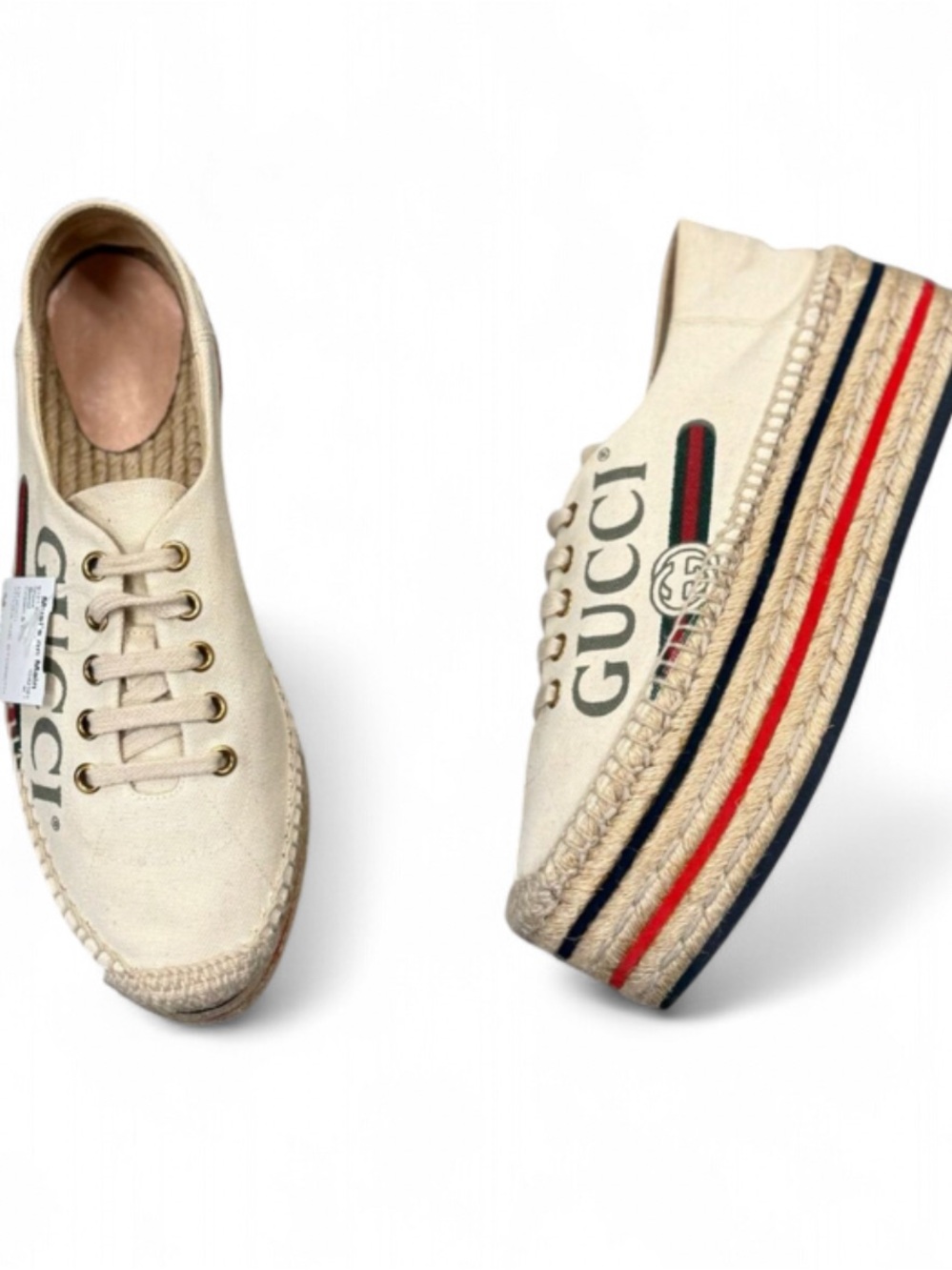 Gucci Platform Espadrille Sneakers Tan with Red & Blue Stripes 36.5